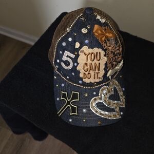 Embellished Denim Cap with Brown Accents